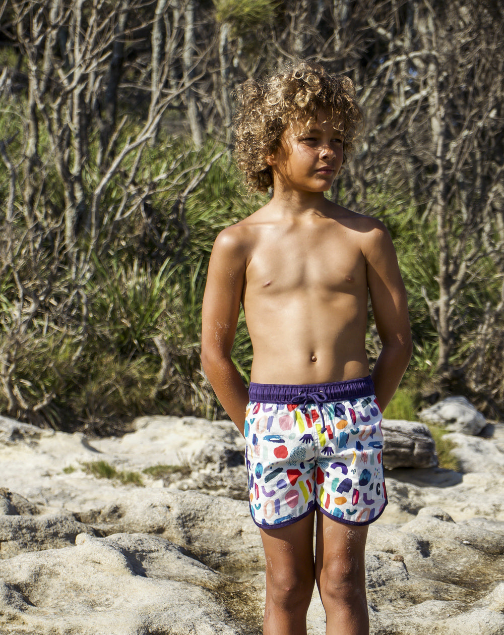 White Jungle Mix Organic Cotton Beach Shorts